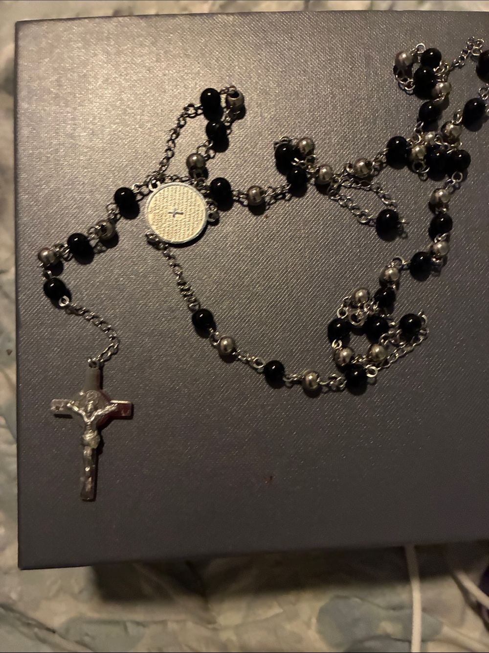 Black Bead Rosary Necklace with Stainless steel